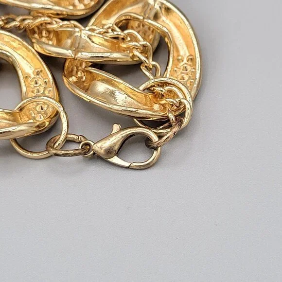 Gold Tone Linking Chain Rhinestone Studded Bib Necklace Collar Length Chunky - Picture 8 of 8